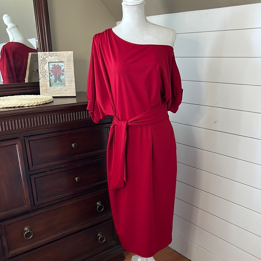 Elegant Red Off-Shoulder Scuba Knit Dress with Tie Waist Sash and Button Details